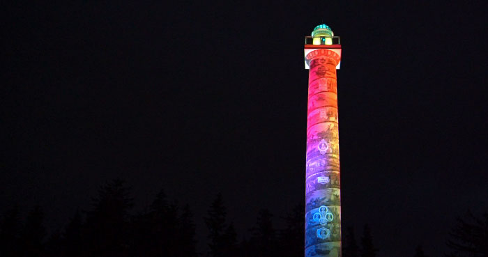 Each night the Astoria Column is lit into a rainbow of changing colors by LED lights